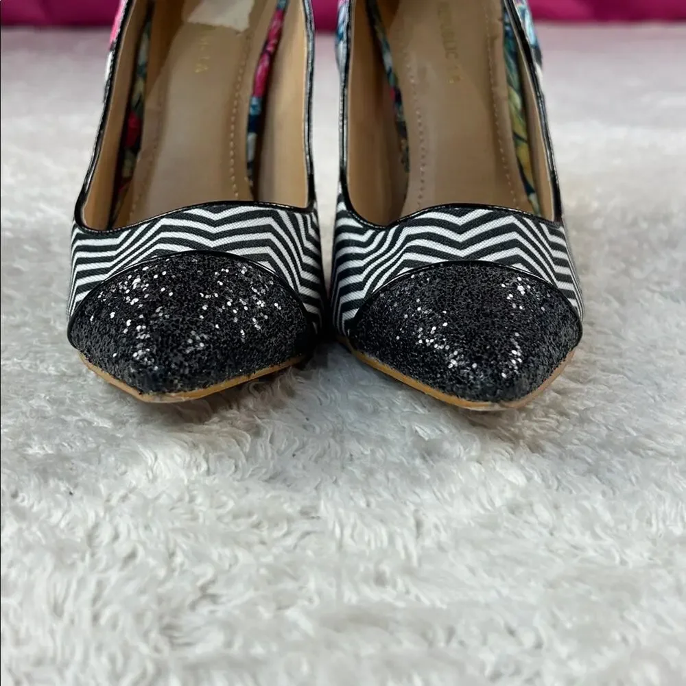 Shoe Republic LA floral zig zag glitter stiletto heels, size 8‎
